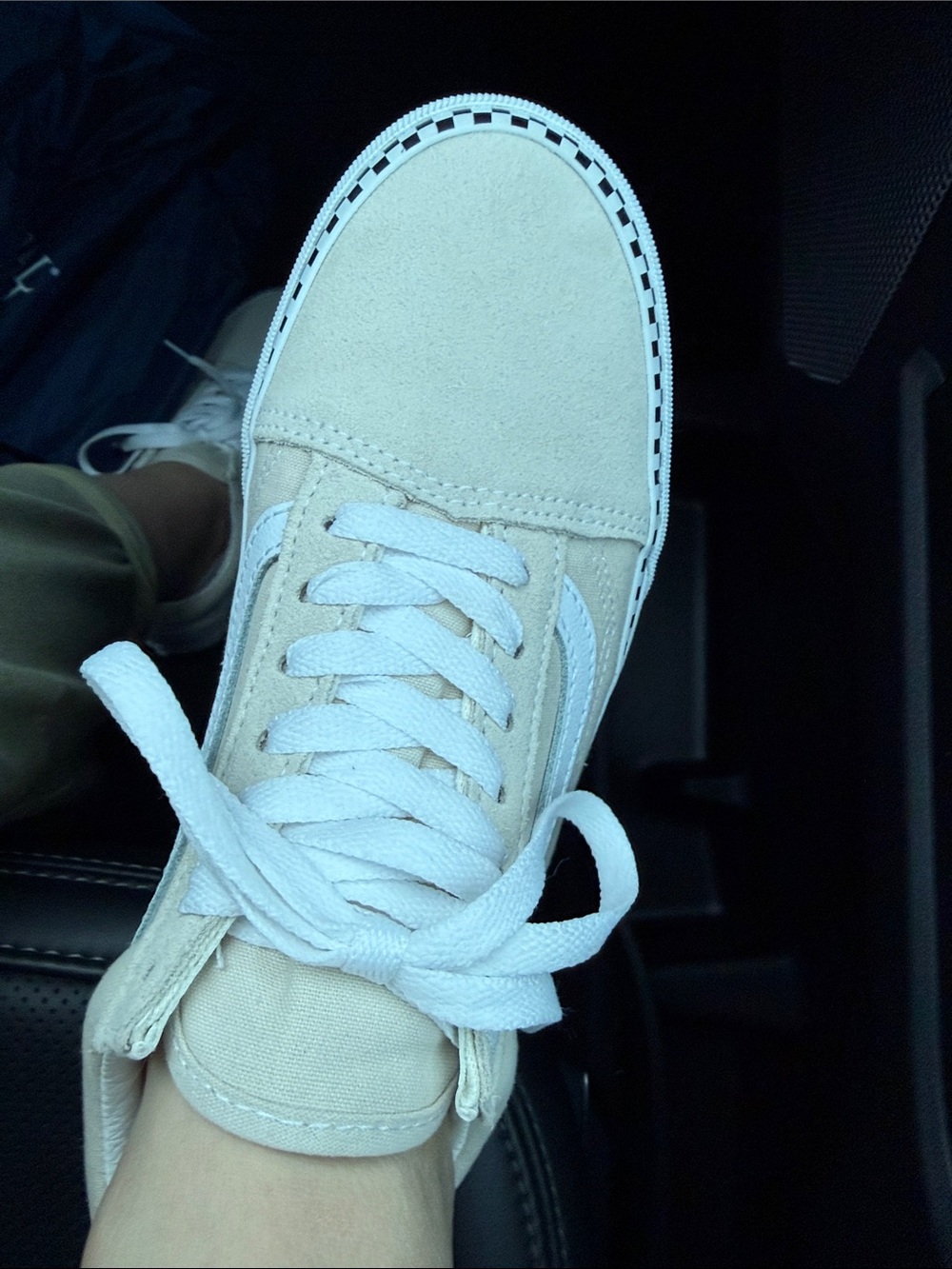 Vans Beige Canvas Old Skool Sneakers with White Stripe and Checkerboard Trim - Picture 2 of 2